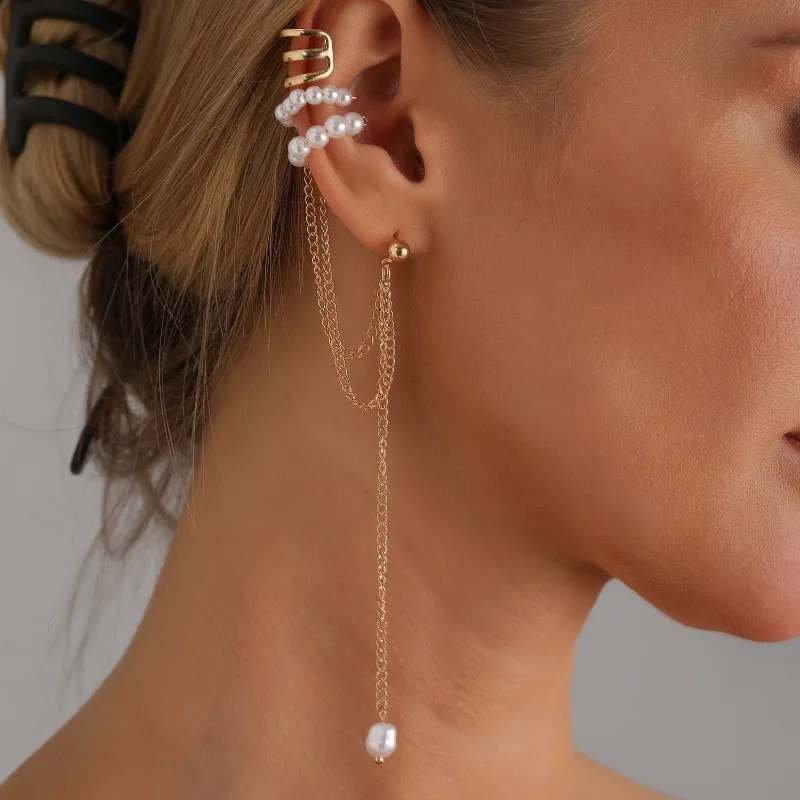 Women's Sexy Cool U-Shaped Ear Cuff & Earring Creative Connected Pearl Tassel Chain Design Fashion Jewelry Party Gift Accessory