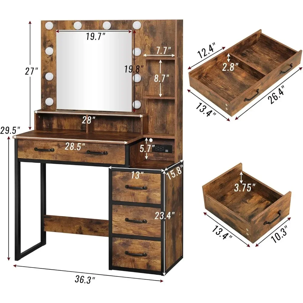 Vintage Makeup Vanity with Lights in 3 Colors, Vanity Table with Charging Station of 2 USB Ports and Outlets