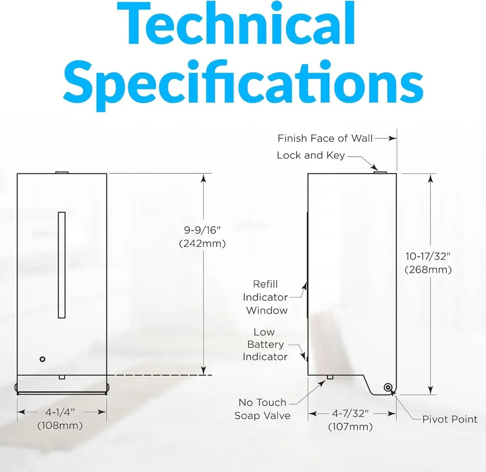 Автоматический настенный дозатор пенного мыла из нержавеющей стали, атласное покрытие, 27 фунтов унции. 4-1/4 дюйма Ш, 10-17/32 дюйма В, 4-7/32 дюйма
