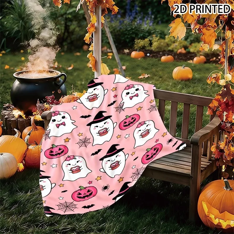 Playful Halloween Pattern Throw Blanket, Light Pink Base with Cute Ghosts, Smiling Pumpkins, Spiders & Bats Prints, Cozy Fall De