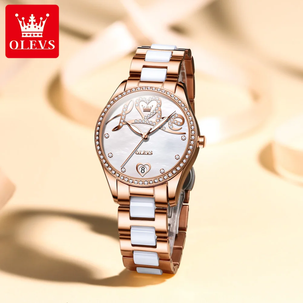 OLEVS 6686 Reloj para mujer, Reloj mecánico Original de lujo, correa de cerámica, esfera de amor, relojes con fecha para mujer, conjunto de pulsera, Caja Reloj