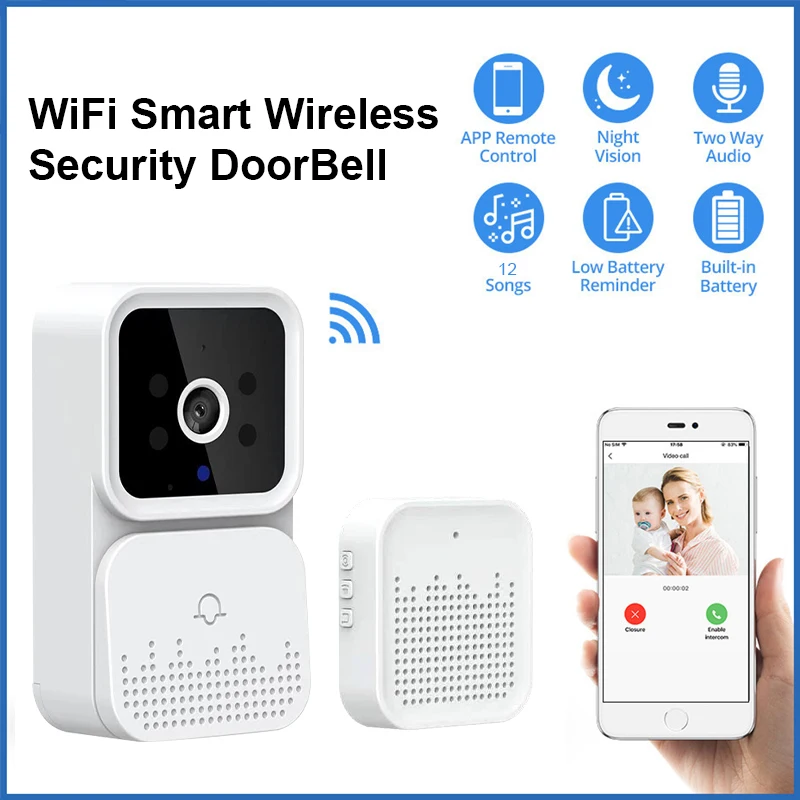 Timbre de seguridad inalámbrico inteligente con WiFi para el hogar, videoportero con Control por aplicación de visión nocturna y cámara de timbre de voz para apartamento