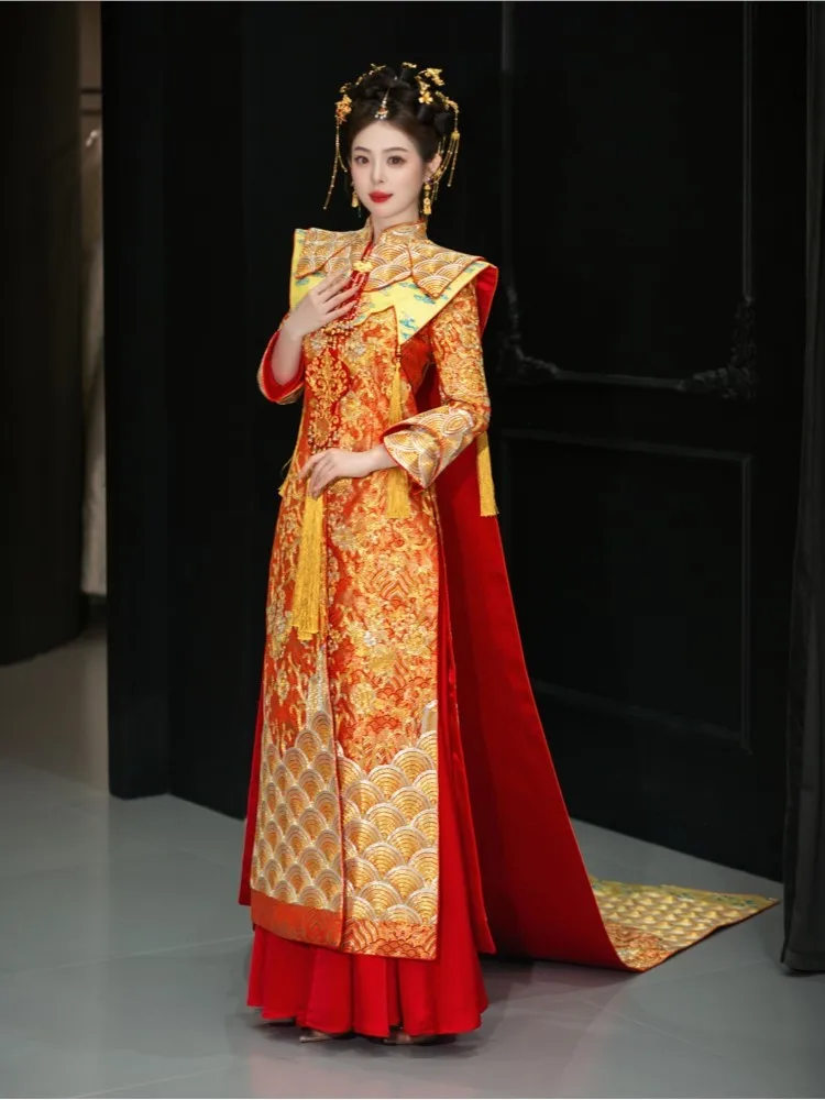 New Chinese-style heavy embroidery show tail-tailed rice dress bride's wedding toasting