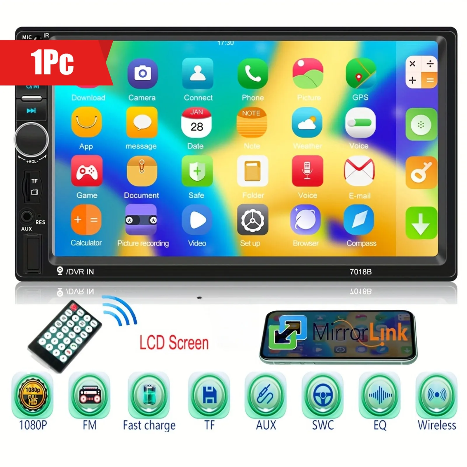 Double DIN 7" Car EQ MP5 Player Touch Screen Mirror Link Stereo Radio USB AUX