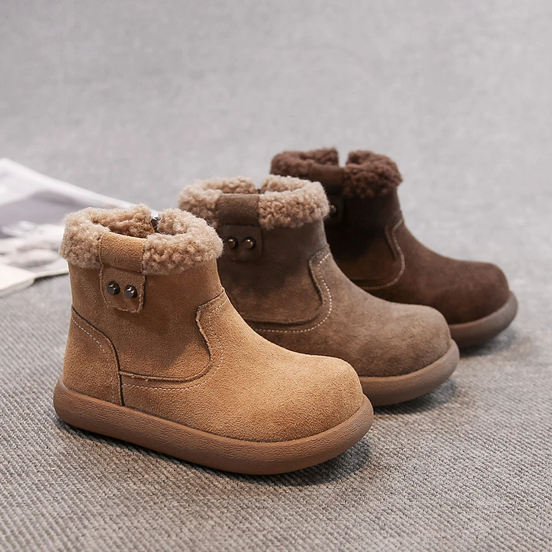 

Children Short Boots Side Zipper Kids Leather Boots Retro Round Toes 2025 Winter New Boys Girls Princess Boots Suede Warm Soft