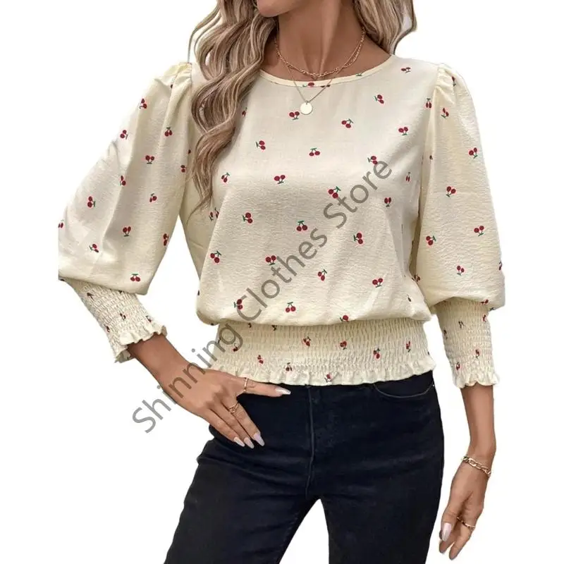 

M68A Banded Bottom Tops for Women Smocked Tops Elastic Cinched Waist Top Dressy Blouse 3/4 Length Sleeve Casual Outfits