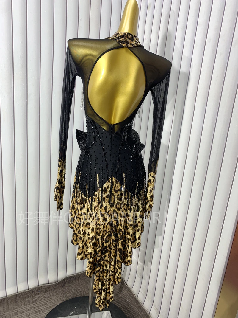 Latin Dance Tassel Dress for Women Customized Cha Cha Rumba Samba Performance Costume Girl Competition Dresses leopard print