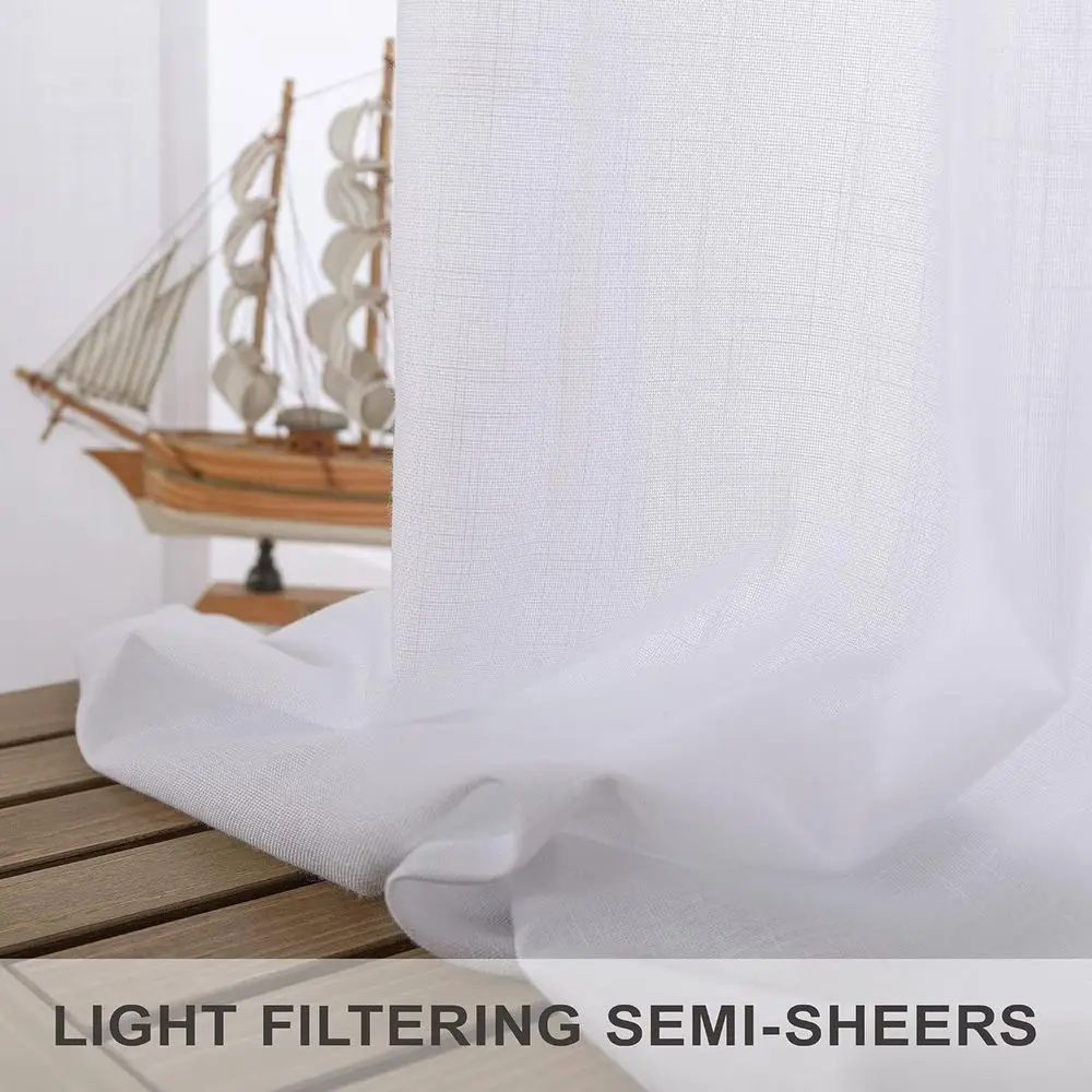 백색 린넨 52x102 인치 커튼, 백 탭 포함, 침실용 반투명, 빈티지 농가 스타일