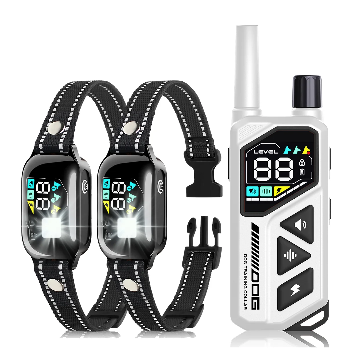 Dog Training Collar Remote 1000M Beep - 遠隔操作式ドッグトレーニング首輪。最大通信距離1000m。IPX7防水規格。電気ショック、振動、音声アラート機能付き。すべての犬種に対応。スタイリッシュで環境に配慮したプラスチック製。