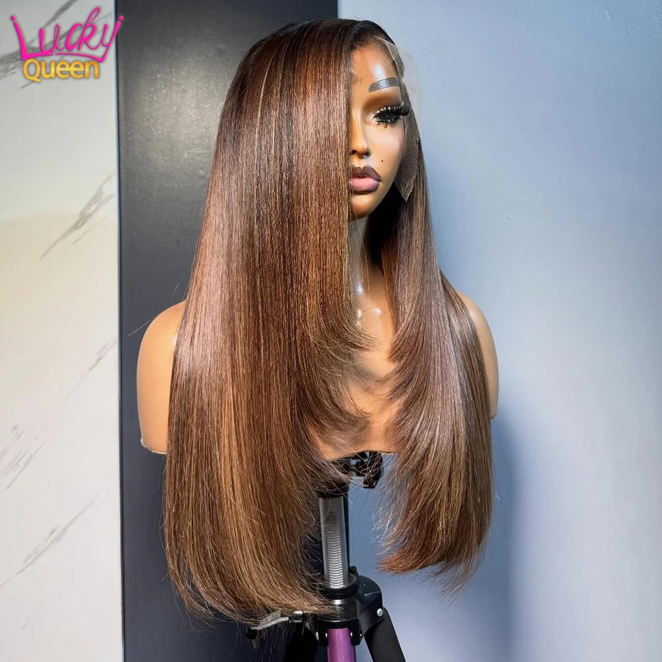 

Парик из натуральных волос Highlight Wig, прямой, с HD-кружевной передней частью 13x6, парик с кружевной передней частью 13x4, коричнево-русый омбре, для женщин, длинные волосы