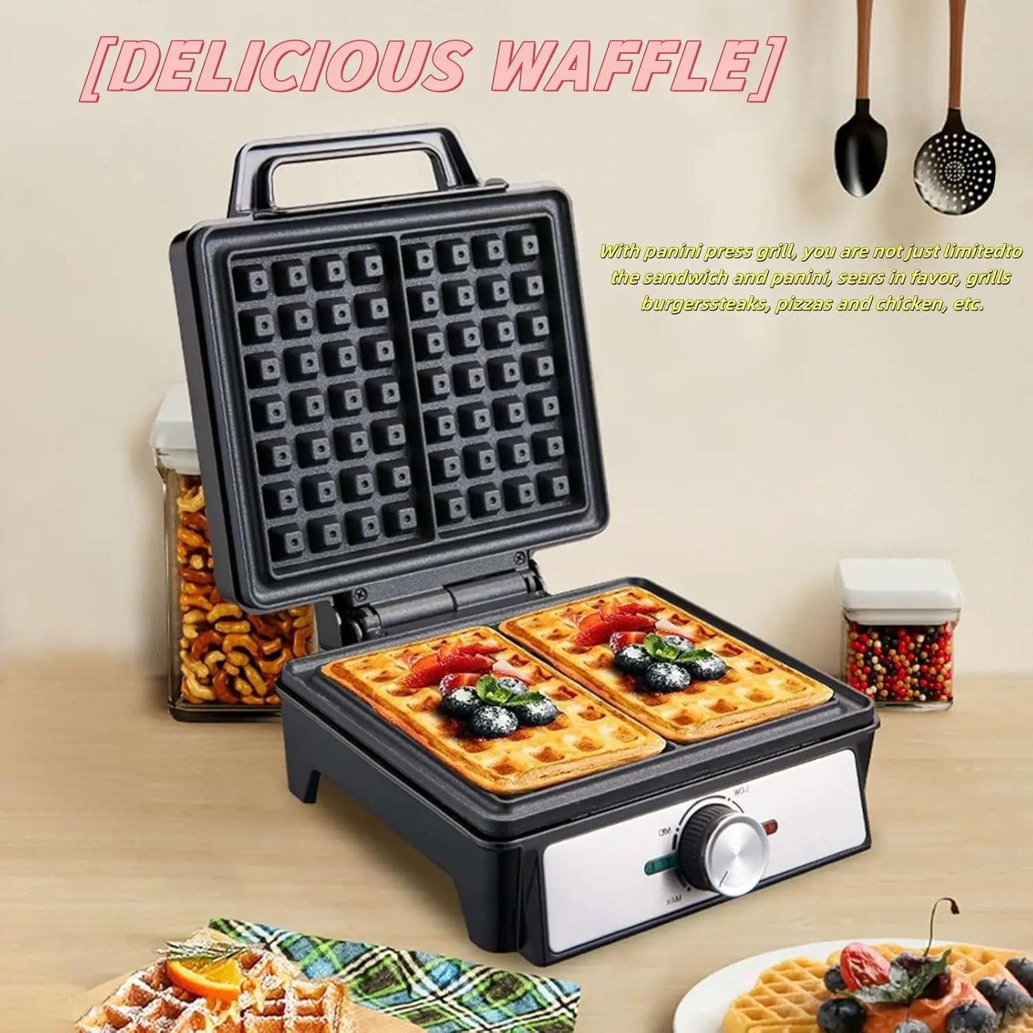 1600W Power Belgian Waffle Maker Breakfast Maker Non-stick 2-piece Electric Waffle Maker 3-speed Adjustable Heating