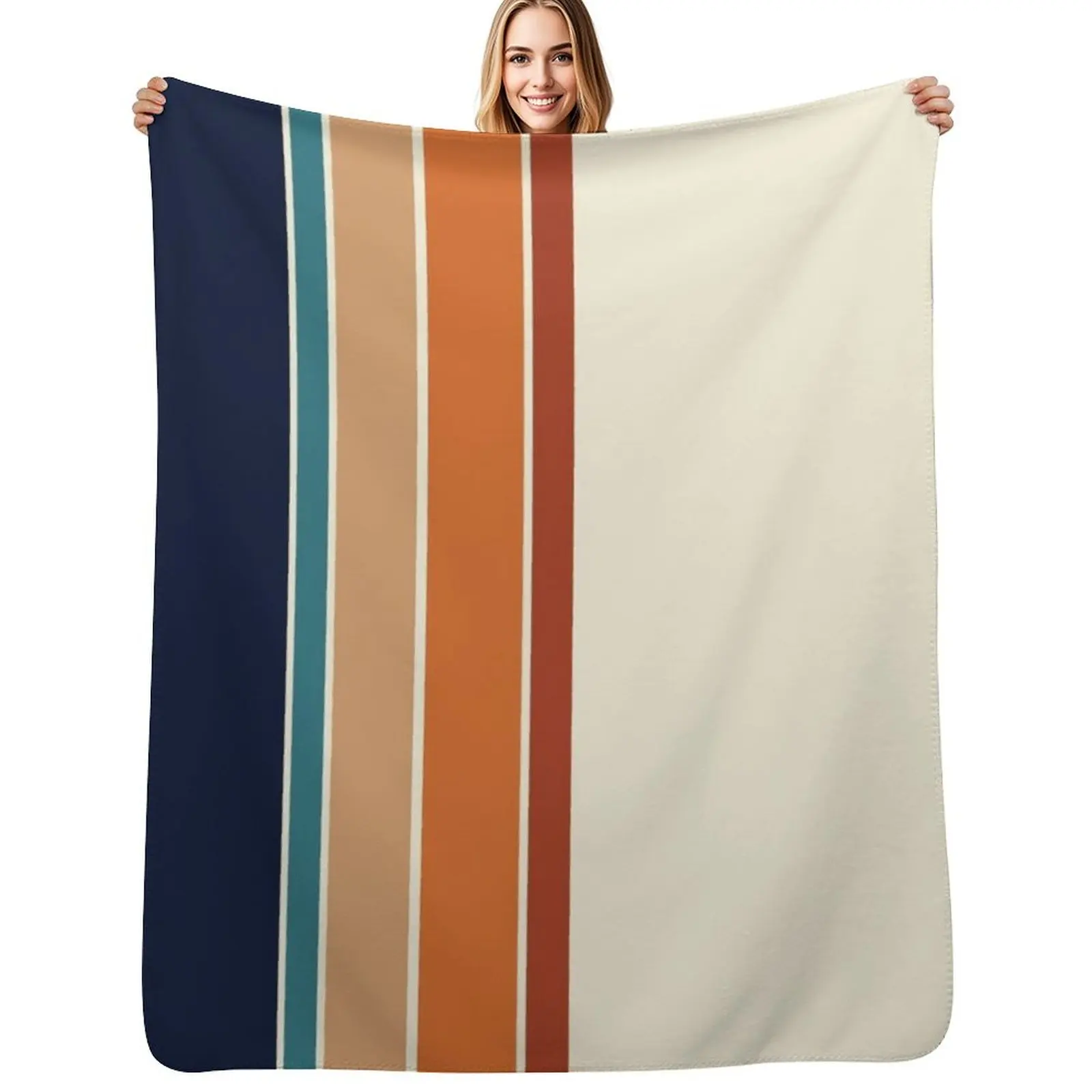 Retro Vertical Stripes Orange Rust Blue Throw Blanket Warm Napping Blanket for Office Couch Bed