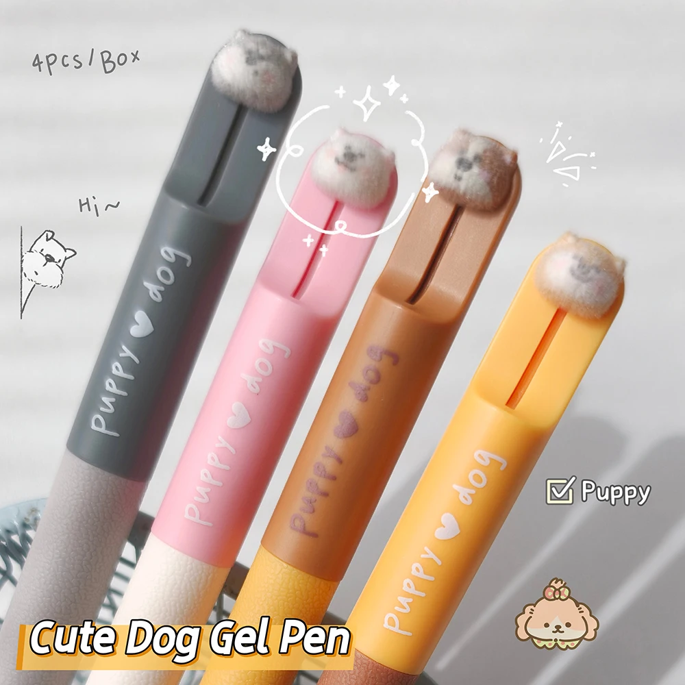 

4Pcs/Box Cute Dog Style Gel Pen 0.5mm Fun Puppy Quick-Dry Pen Simple Style Animal Black Pen Office Use