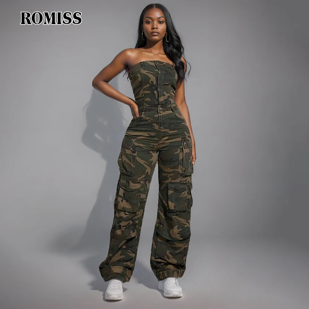 

ROMISS Spliced Pockets Casual Camouflage Jumpsuits For Women Strapless Sleeveless High Waist Backless Chic Jumpsuit Female