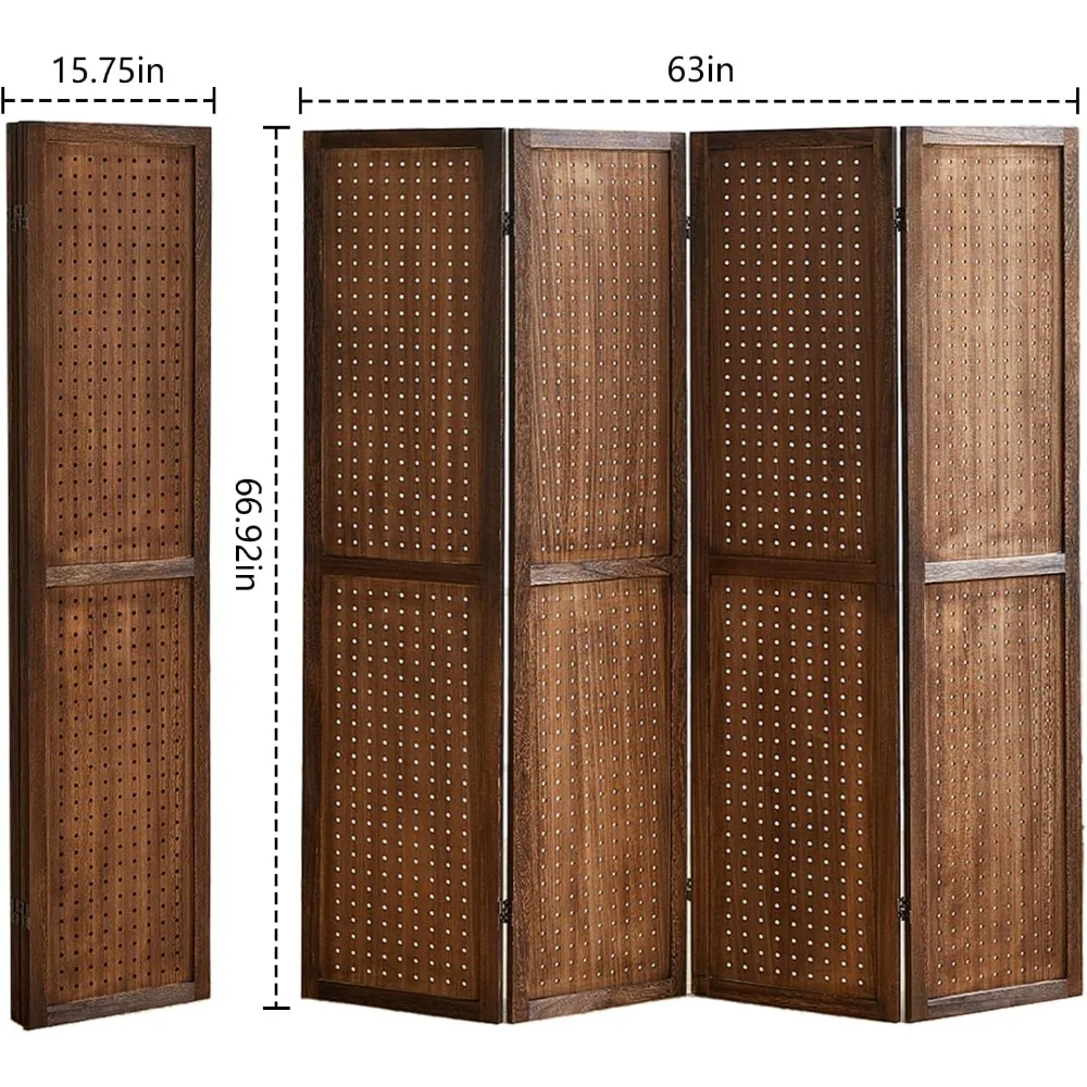 4 Panel Room Dividers and Folding Privacy Screens, 5.6Ft Wooden Pegboard Display, Privacy Dividers for Bedroom, Portable Dispxla