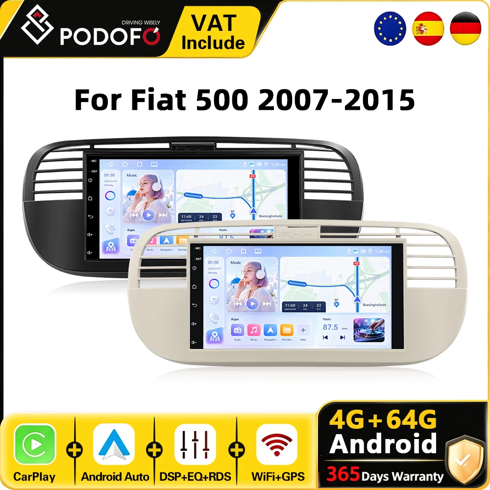Podofo Android Auto-Multimedia-Player 7'' 4G+64G für FIAT 500 2007-2015 WIFI GPS-Navigation Autoradio Stereo Wireless CarPlay Android Auto Intelligentes Autosystem FM RDS Rückfahrkamera Autoradio