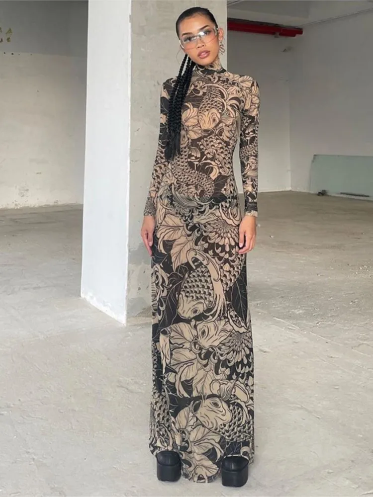 

Women's Spring Summer New Fashionable Personalized Mesh Printed Perspective High Collar Slim Fit Long Sleeve Dress