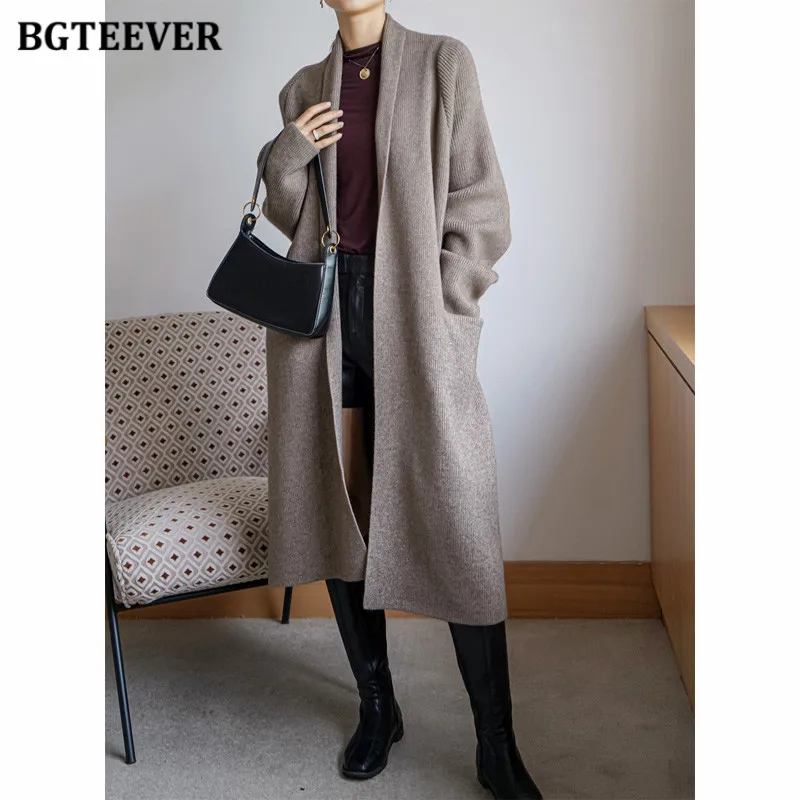 BGTEEVER Stylish Thicken Ladies Cashmere Warm Sweaters Overcoats Lace-up Female Long Knitted Cardigans Autumn Winter