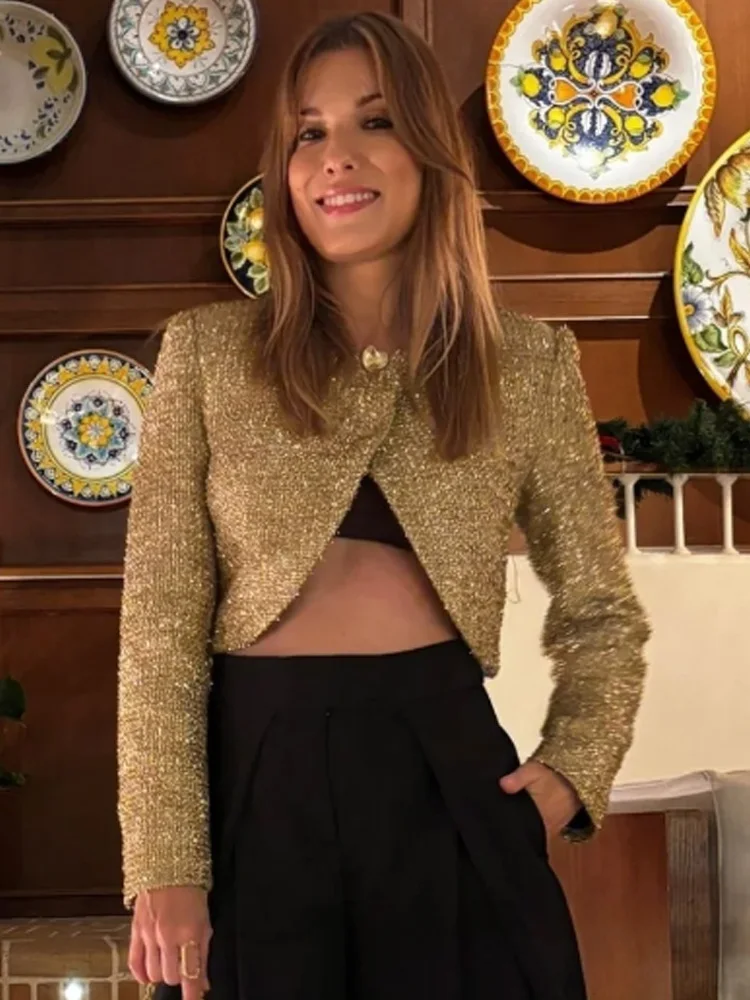 HH Women Fashion Long Sleeves Jacket High Street Short Coats Women One Button Round Collar Metallic Color Line Slim Jacket