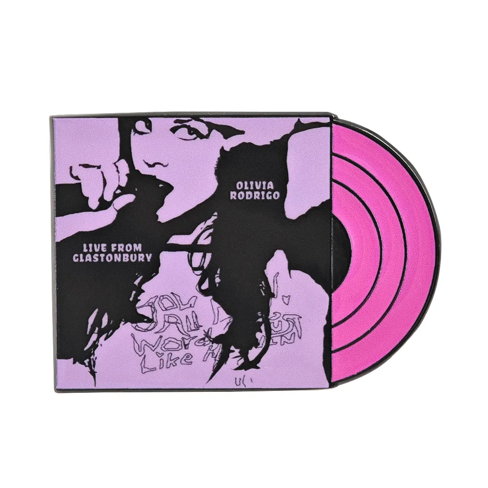 Olivia Rodrigo Brosche Lila Vinyl-Schallplatte Metall-Abzeichen Live From Glastonbury Emaille-Pin Pop-Musik-Fan-Geschenk Kleidungszubehör – Detail 1