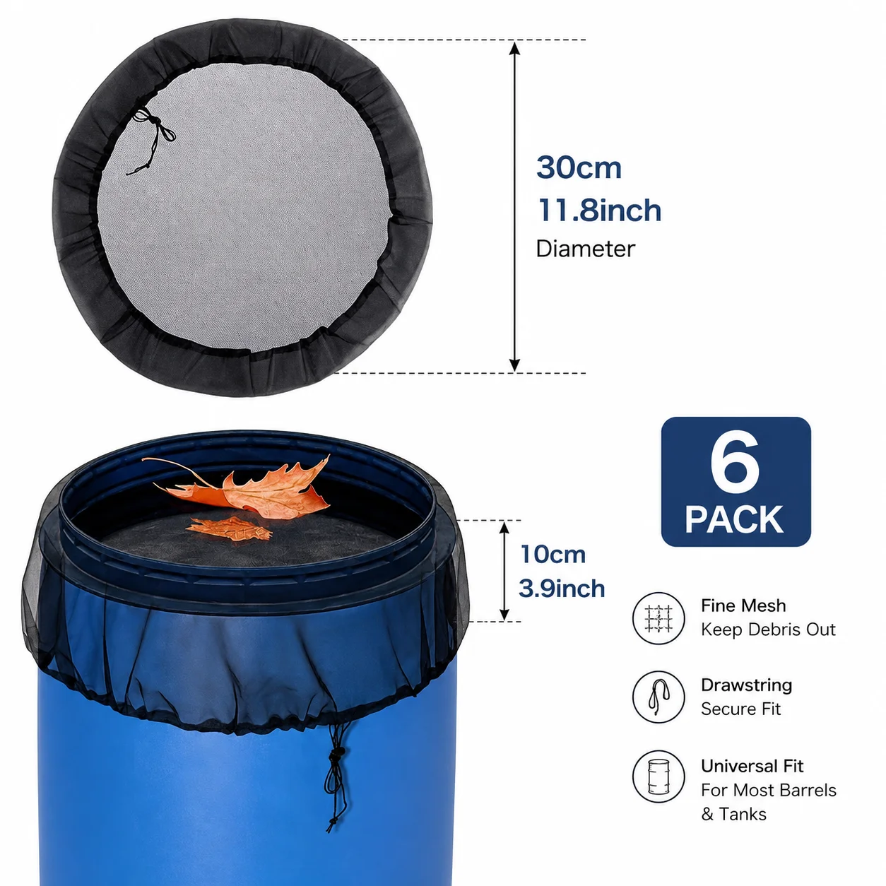6-Pack Rain Barrel Mesh Covers with Drawstring, Fine Mesh Leaf Net for Outdoor Rain Barrels