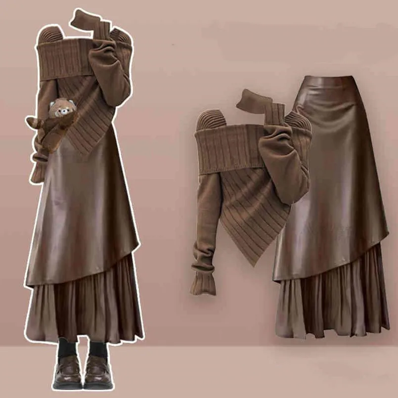 

Maillard Fashion Women's Set Autumn/Winter Scarf Slim Knitted Sweater+Irregular Half Skirt Two Piece Set