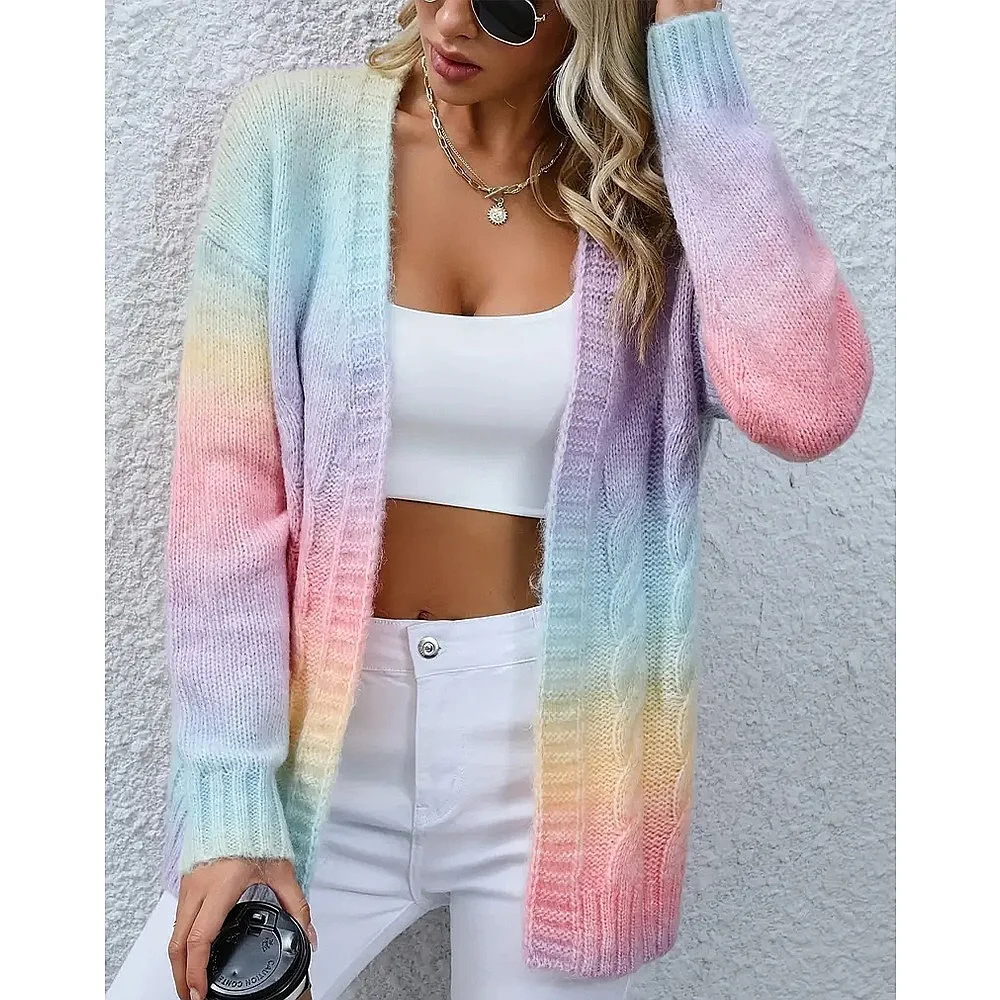 Rainbow Gradient Knit Cardigan Sweater Women Loose Casual Long Cardigans Spring Summer Knitwear Coat