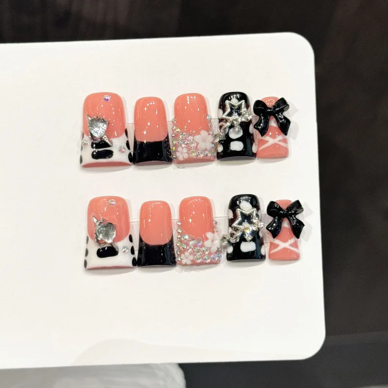 

10pcs Black French Duckbill Handmade Press on Nails Wearable False Nails with 3D Rhinestone Design Bow Fake Nail Накладные Ногти