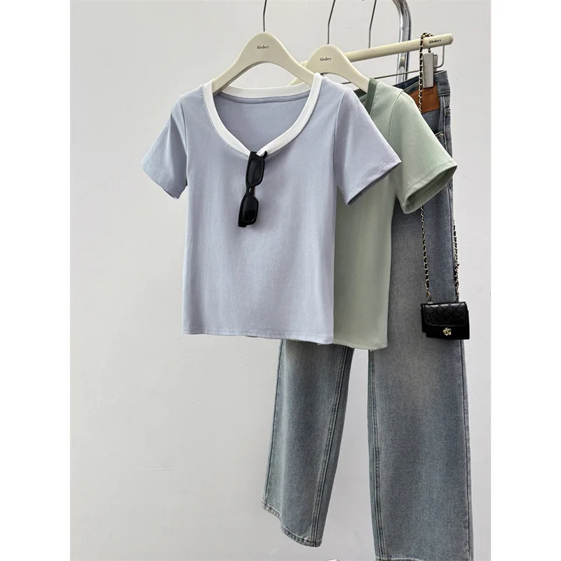 

Футболка женская летняя приталенная однотонная с квадратным вырезом, короткий рукав, 92% хлопок, 8% спандекс, реальные фото