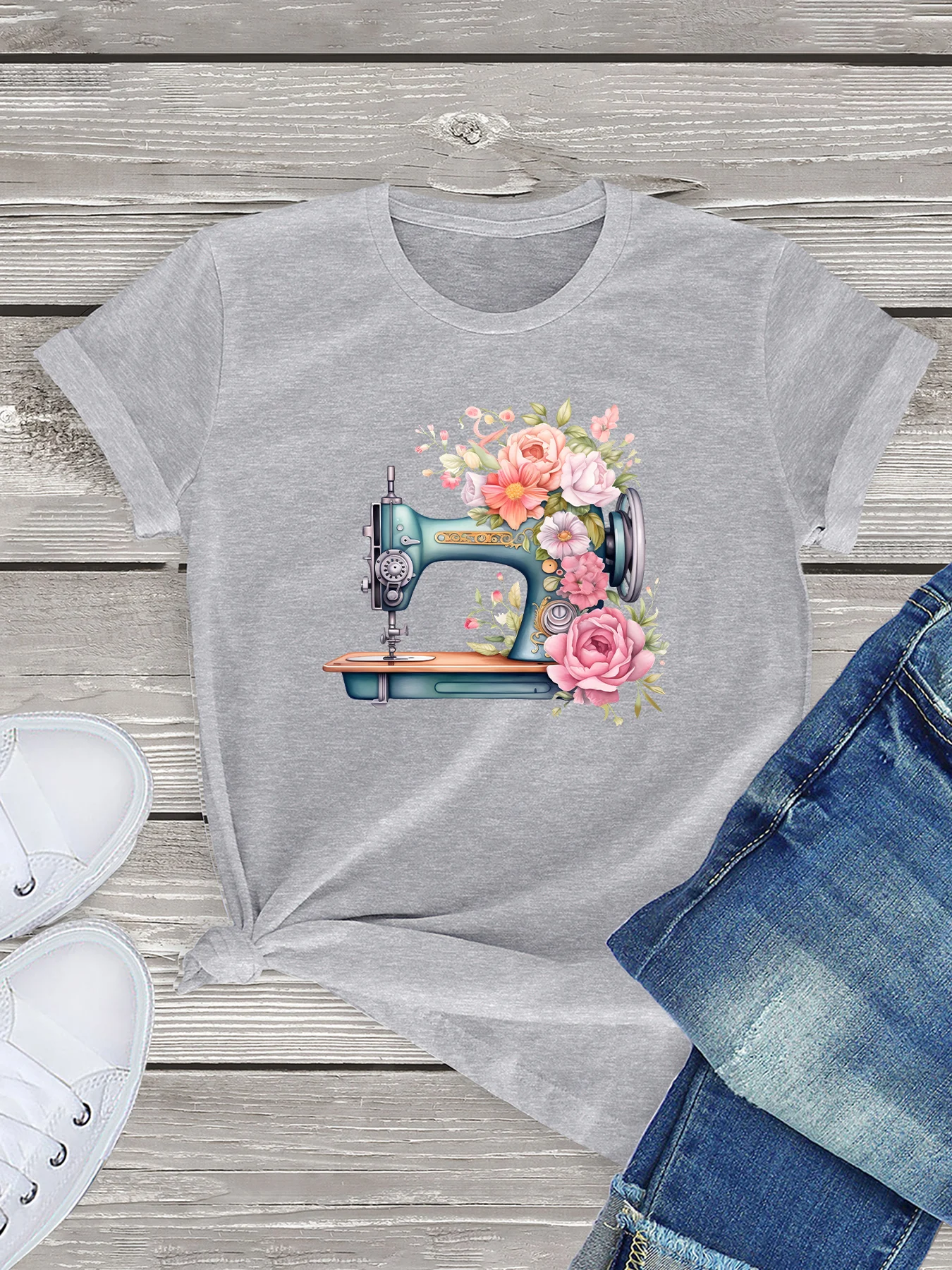 Flower blue sewing machine Male and Female 100% Cotton Funny Short Sleeve T-Shirt Fashion Women Casual Streetwear Clothing