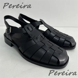 Retro Woven Roman Men's Sandals Suede Metal Buckle Casual Shoes Summer New Trend Hollow Round Toe Genuine Leather Male Shoes