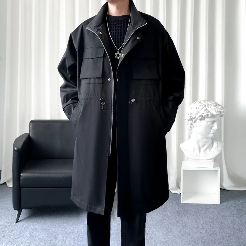 Autumn Collar Long Windbreaker Single Breasted Solid Color Pocket Trench Coat Large Casual Men Clothing Loose Tops Zipper Jacket