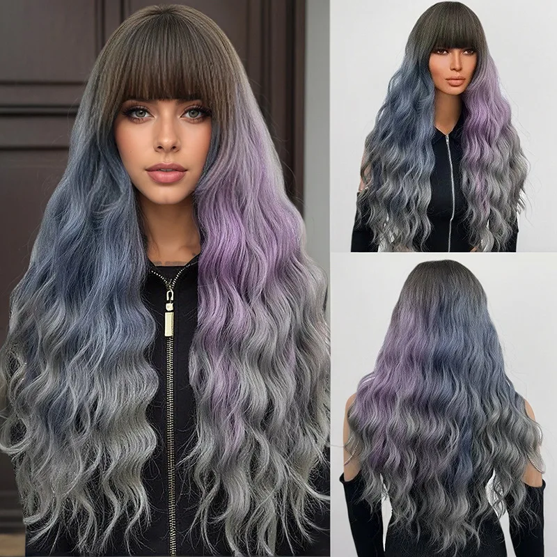 التدرج اللون مع الانفجارات الشعر الطويل موجة طويلة حليقة المرأة الألياف مقاومة للحرارة شعر مستعار القبعات
