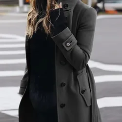 Abrigo de lana de Otoño Invierno para mujer, abrigo de mezcla de Color sólido con botones, cuello alto, manga larga, abrigo informal de moda para invierno Regular