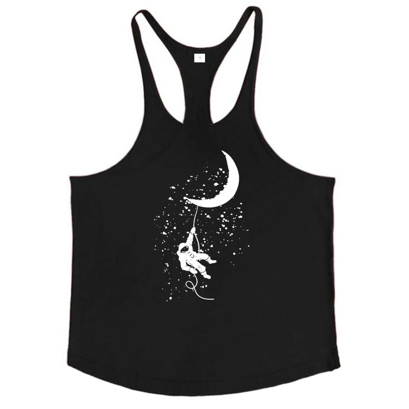 Gym Fitness Bodybuilding Muscle Tank Tops Summer Cotton Sleeveless Y-back Shirts Space Astronaut Climb The Moon Funny Mens Vests