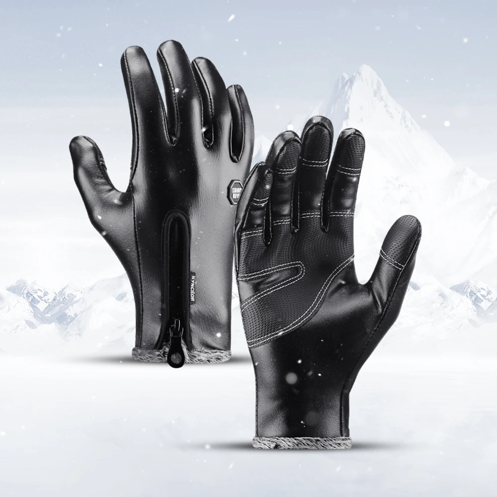 Winter PU Leather Touch Screen Gloves, Windproof Waterproof Fleece Lined Zipper Thermal Anti-slip Driving Cycling Gloves for Men