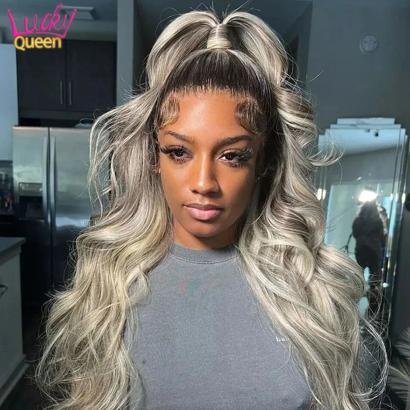 Ombre Grey Frontal Human Hair Wig Dark Root Body Wave Lace Front Wig For Women Ponytail Hair Pre Plucked 13X4 13X6 Frontal Wig