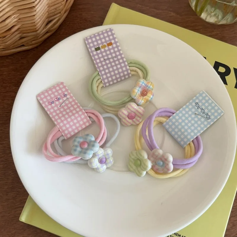 

2Pcs Plaid Floral Hair Ties Soft Hair Rings for Girls Flower Double Ponytail Elastic Hair Bands Accessories Daily School