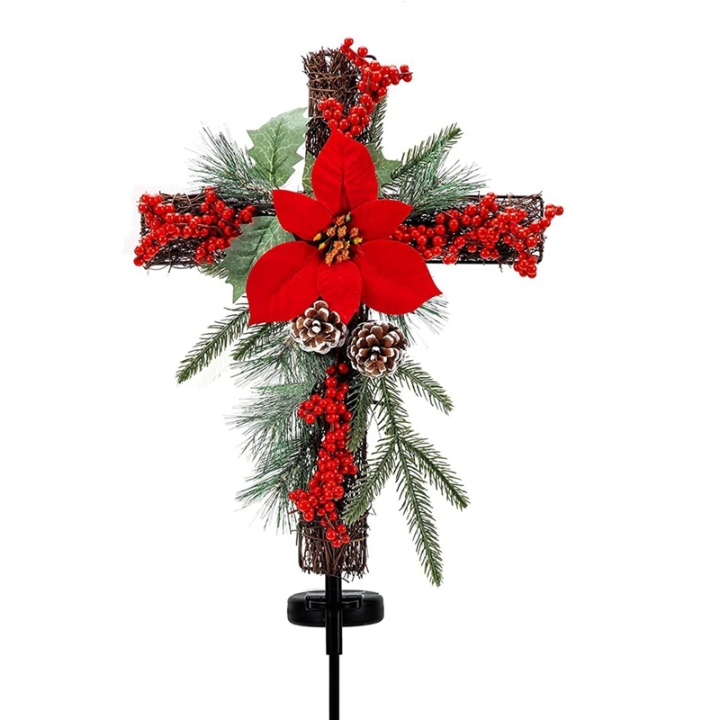 Christmas Cross Stake, Solar Powered with Fairy Lights, Metal Cross, Natural Rattan, Red Poinsettia & Berries