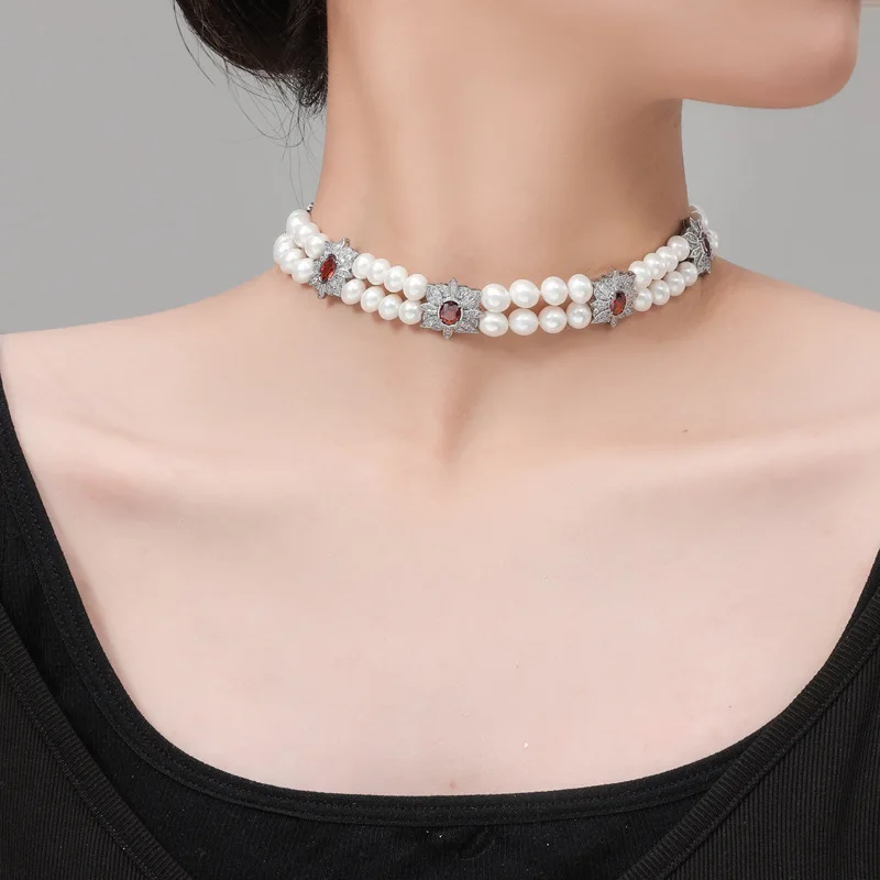 2024 European and American Double Row Pearl Necklace Elegant and Elegant with a Small amount of Clavicle Chain