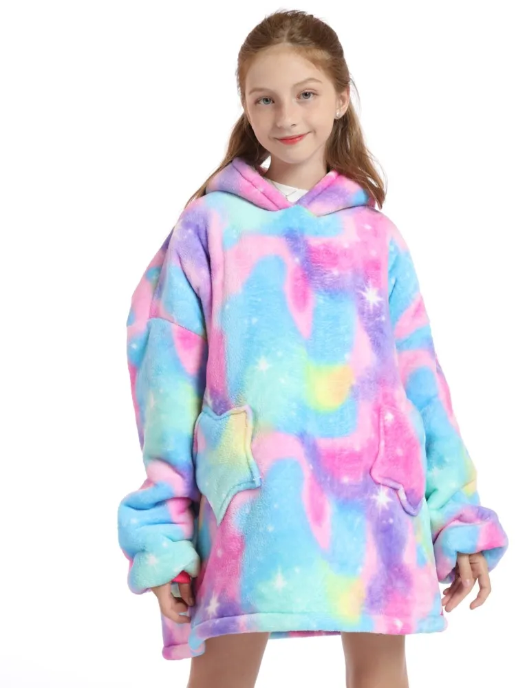 Tie Dye Unicorn Kigurumi Oversized Hoodie Children's Super Warm Winter Clothes Kids One Piece Hooded Sweatshirts TV Blankets