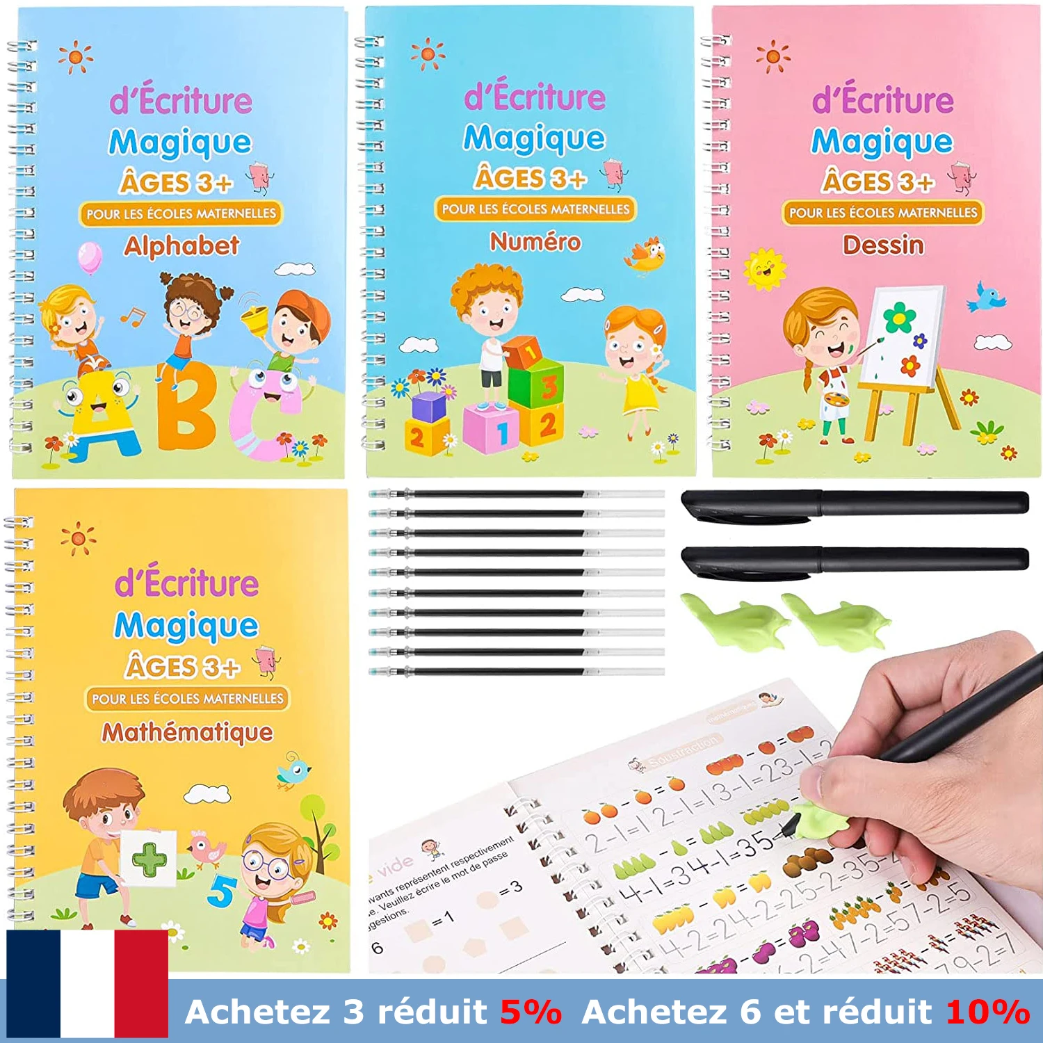 Jouets Montessori réutilisables, livraison gratuite, cahiers français anglais espagnol, stylo autocollant d'écriture, cahier magique pour la calligraphie