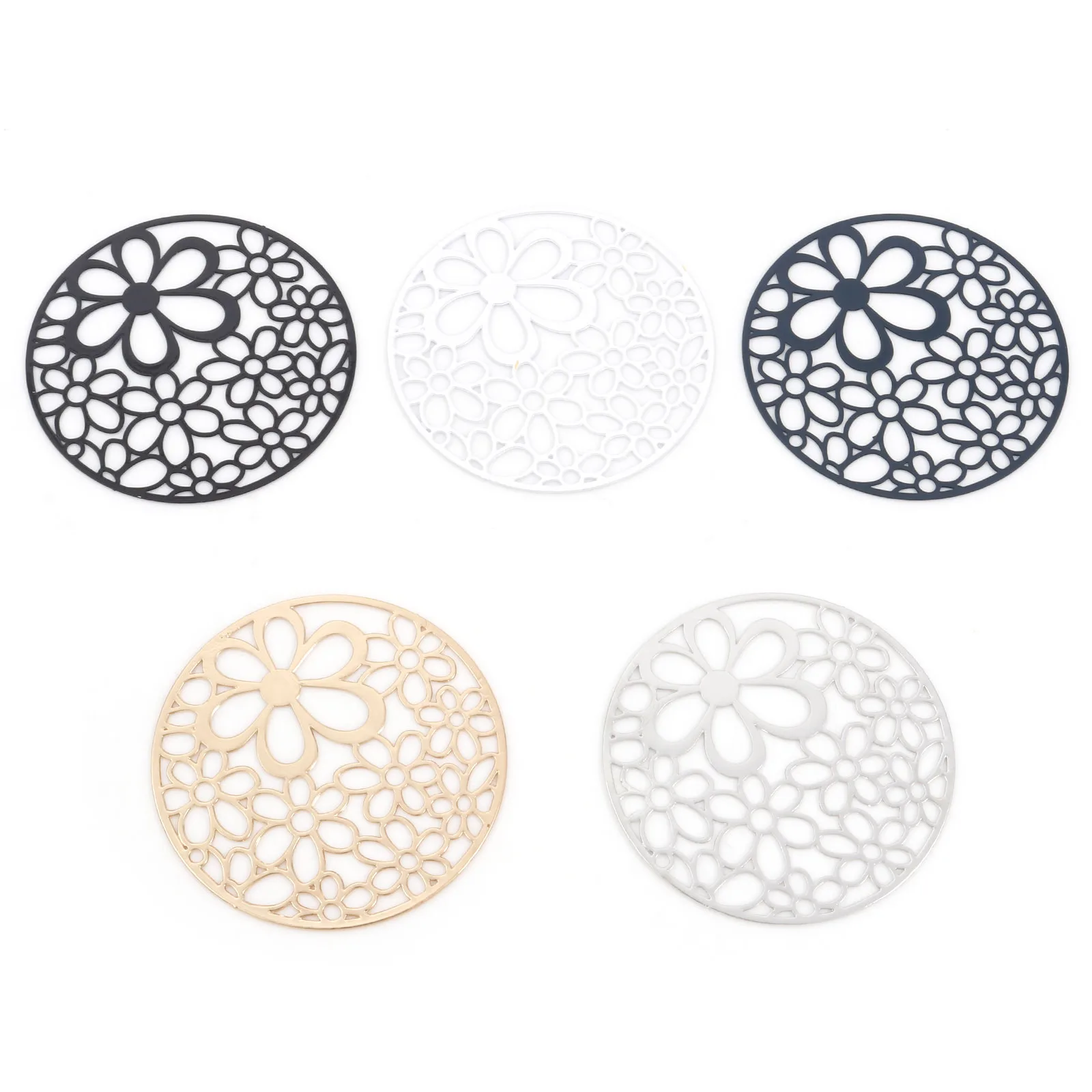 Iron Alloy Filigree Stamping Pendants Multicolor Round Sweet Flower Hollow 4.1cm Dia. Metal Charms DIY Earrings Jewelry,5PCs