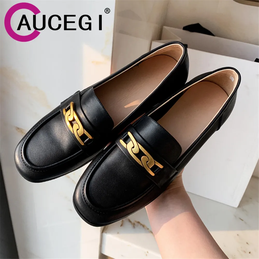 

Aucegi New Loafer Slip On Metal Decora Genuine Leather Vintage Round Toe Flats Heels British Style Women Daily Life Casual Shoes