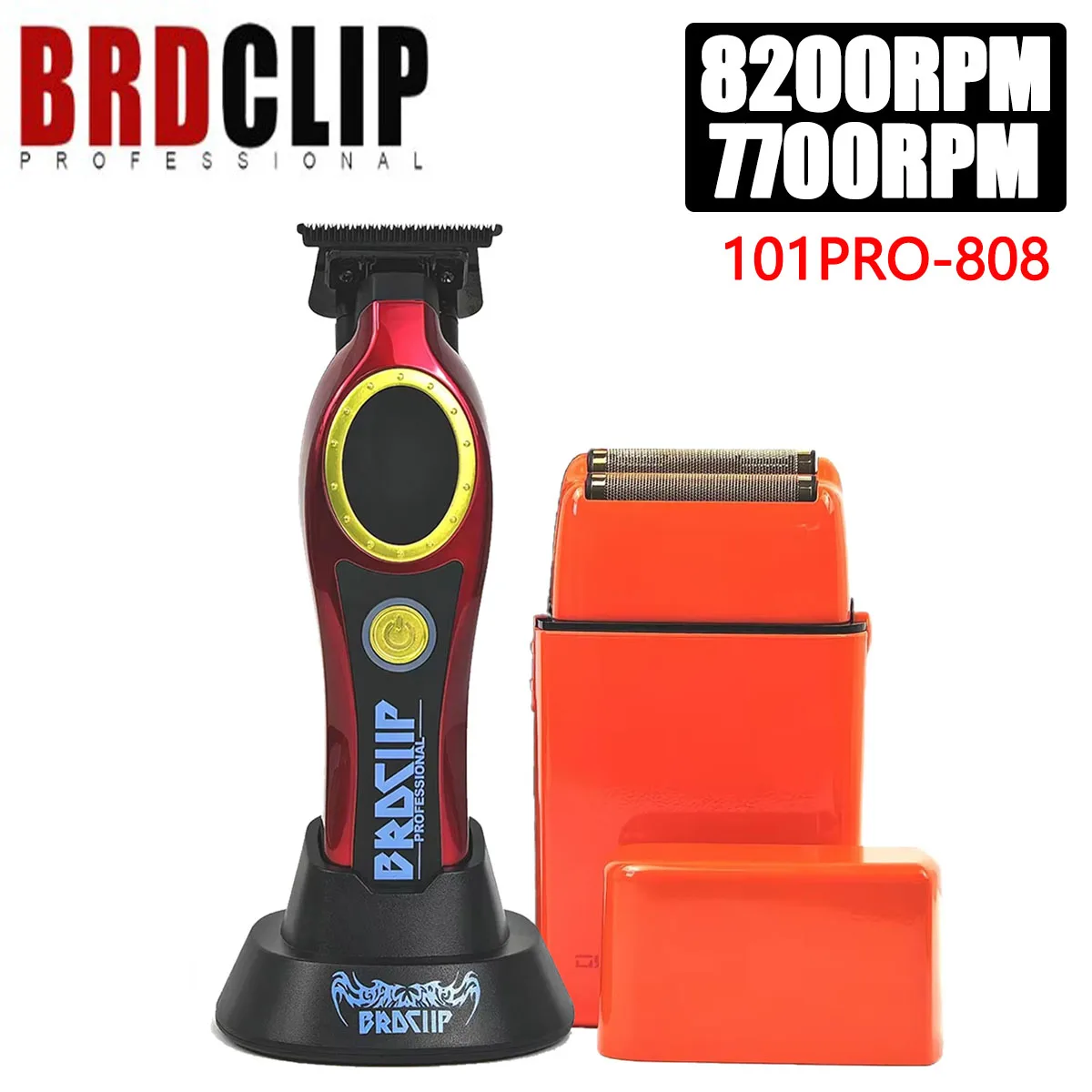 BRDCLIP 2-Piece Set 101PRO Orange 808 8200/7700 RPM High Motor Professional Men's Electric Beard Trimmer 3 Color Replacement Hou