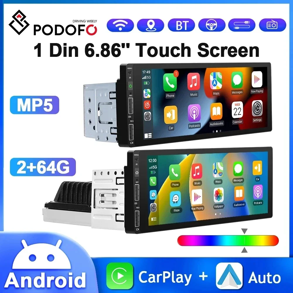 

Podofo 6.86'' 1Din Car Radio Multimedia Player MP5 Radio Wireless/Wired Carplay Android Auto Bluetooth FM Mirror Link Car Stereo