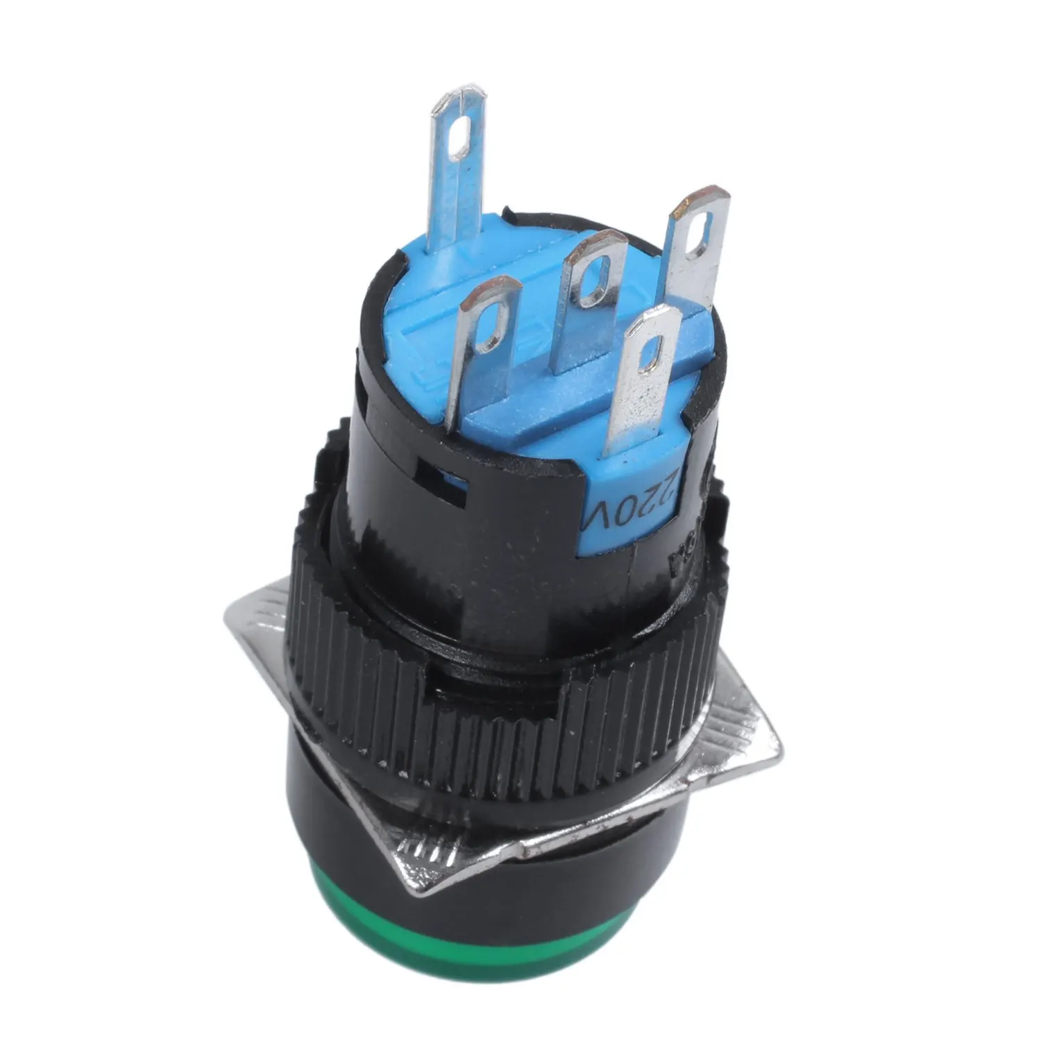 SCLS AC 250V 5A SPDT 1NO 1NC 5 Pins Latching Green Push Button Switch w 220V LED Lamp