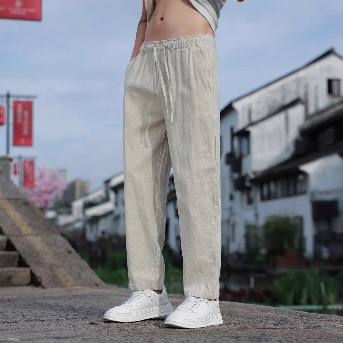 

Men's Summer Thin Linen Ice Silk Qui Dry Straight Leg Cotton Linen Casual Long Pants Faionable Brand Loose Fit ket Det...