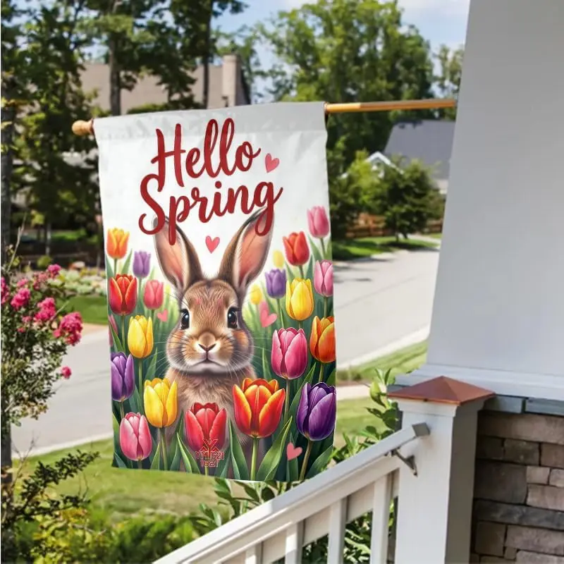 Hello Spring Bunny Tulips Double Sided Garden Flag 12.5x18inch for Yard, Garden, Porch Decor YYQ GGO