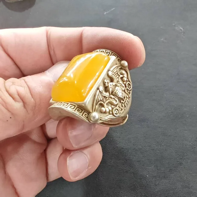 Antique Unisex Yellow Cabochon Ring Embossed Relief Carved Metal Craft Boho Ethnic Tribal Vintage Statement Ornament